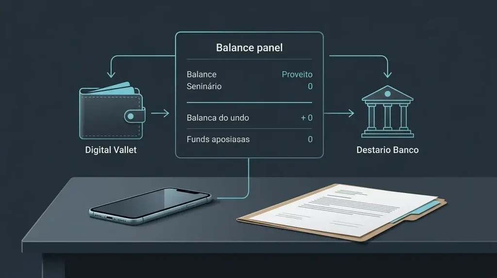 Esquema visual de um saldo de casino ligado a uma carteira digital e a um destino bancário