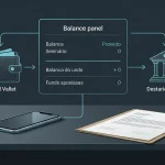 Esquema visual de um saldo de casino ligado a uma carteira digital e a um destino bancário