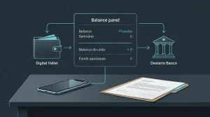 Esquema visual de um saldo de casino ligado a uma carteira digital e a um destino bancário