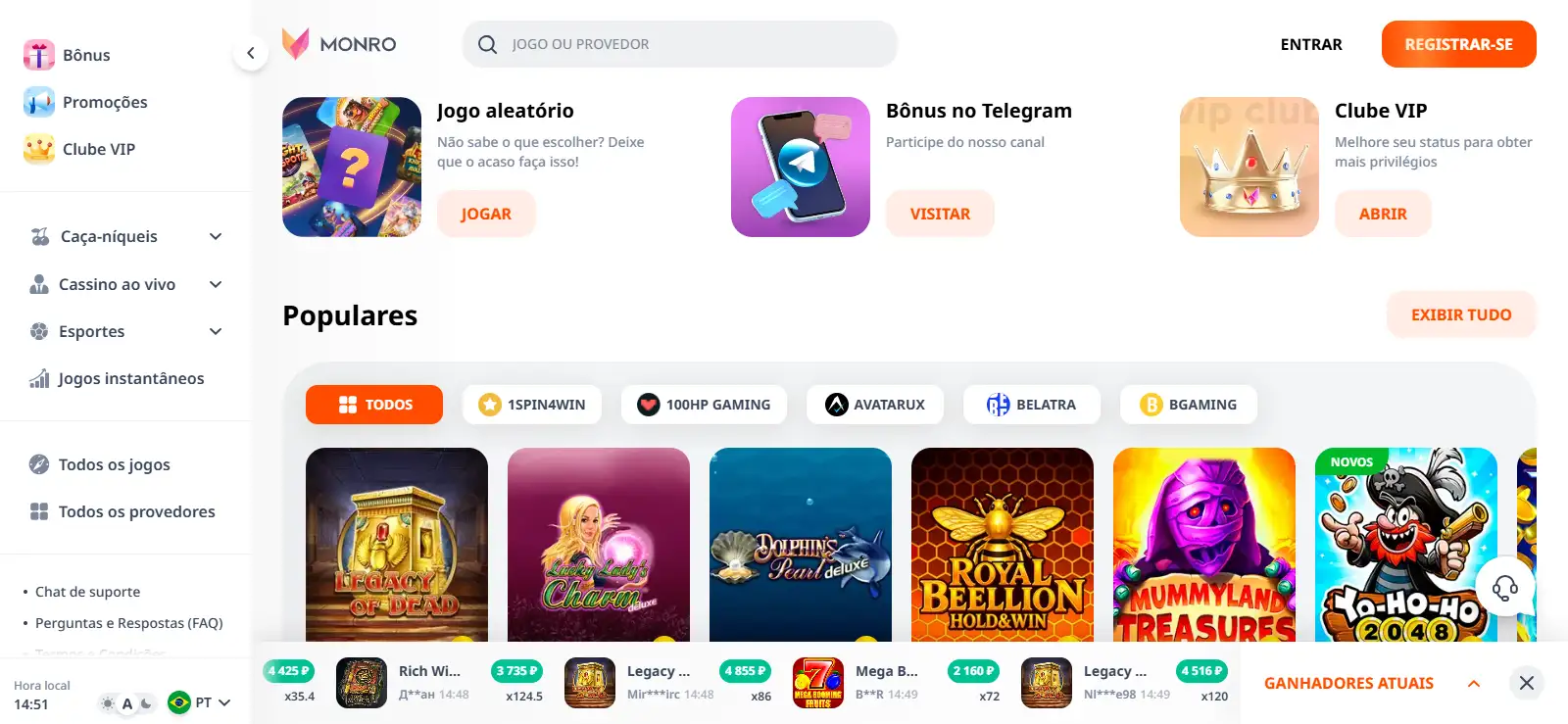 Captura do site oficial do Monro Casino com catálogo de jogos e navegação para acesso móvel
