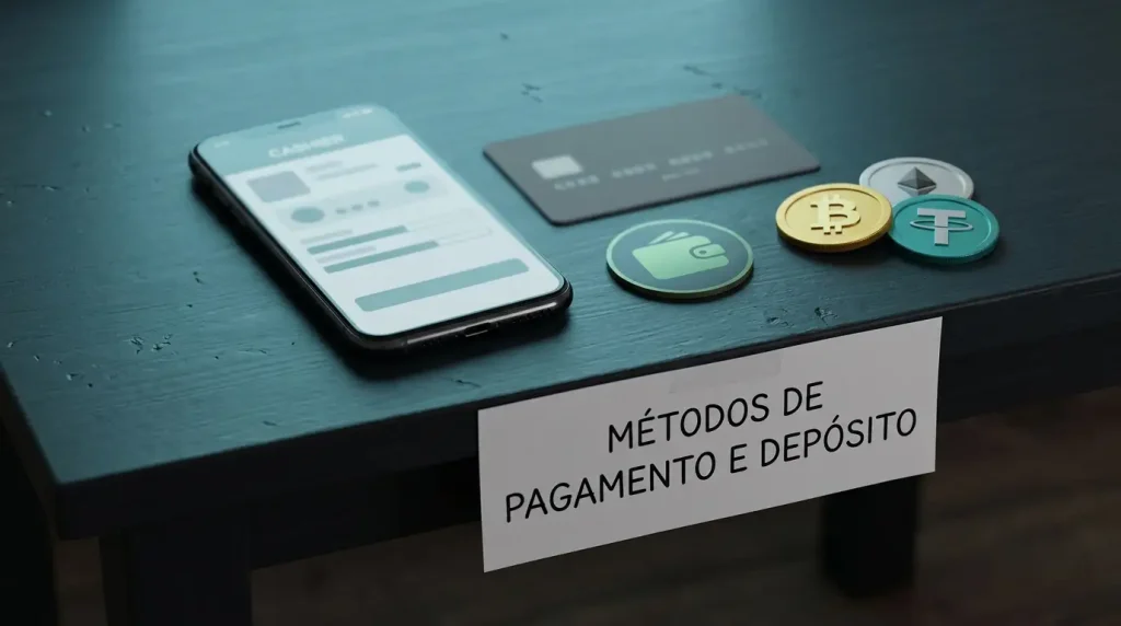 Telemóvel com um caixa abstrato ao lado de cartão bancário, carteira digital e símbolos de criptoativos