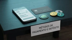 Telemóvel com um caixa abstrato ao lado de cartão bancário, carteira digital e símbolos de criptoativos