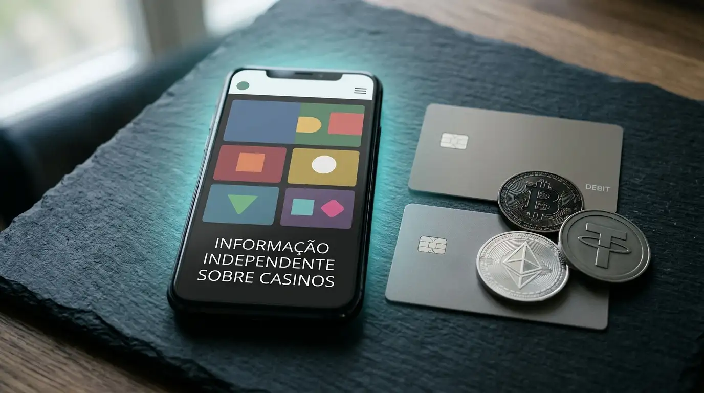 Telemóvel com categorias de jogos, cartão bancário e símbolos de criptoativos numa secretária escura