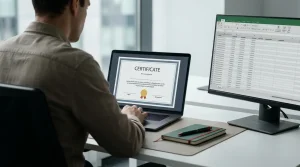 Pessoa a comparar num portátil um certificado digital e uma lista de operadores de jogo